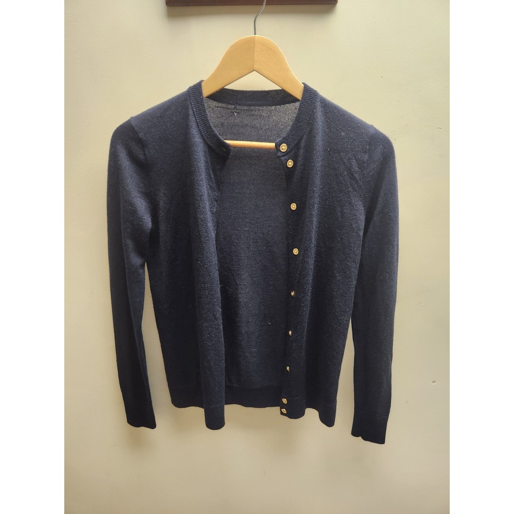 Navy‎ Blue Wool Blend Cardigan Sweater Gold Button Long Sleeve Women's